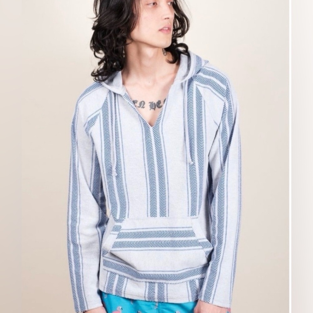 Brooklyn Cloth Men’s Gray Green Cotton Blend Striped Baja Beach Hoodie Large